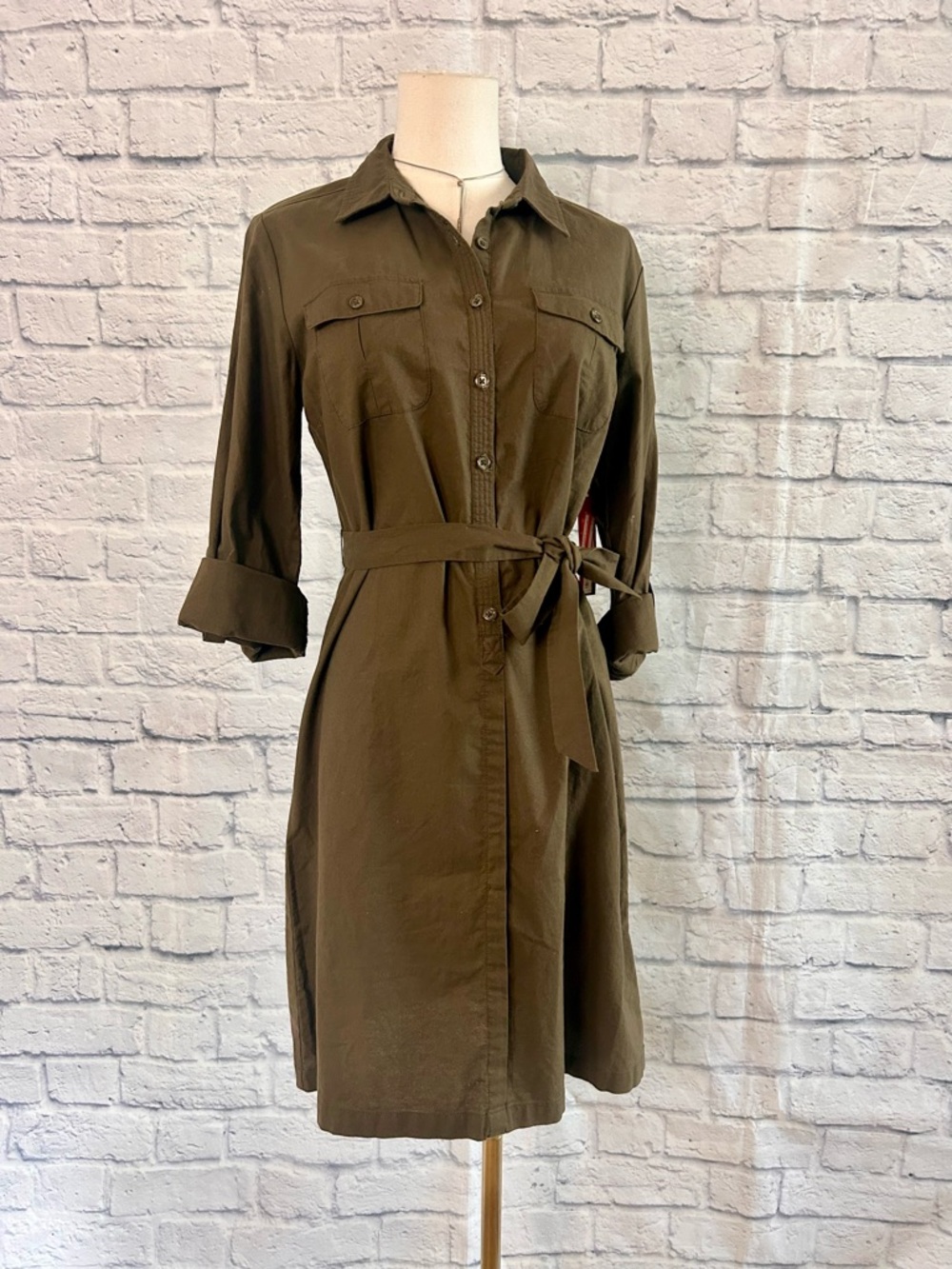 Merona Olive Button-Front Shirt Dress Tie Belt Mini Deadstock Y2K Office Career